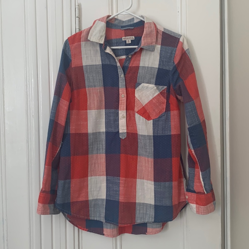 Merona Plaid Red, White & Blue Button Down Long Sleeve Tunic